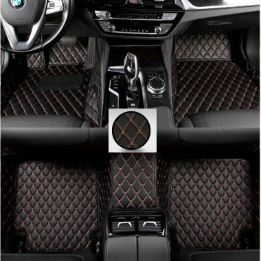 Black and Orange Stitching Luxury Leather Diamond Car Floor Mats Manufacturers