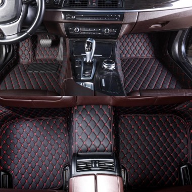 Black and Red Stitching Luxury Leather Diamond Car Floor Mats Manufacturers