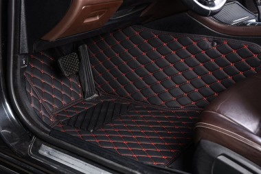 Black and Red Stitching Luxury Leather Diamond Car Floor Mats Manufacturers