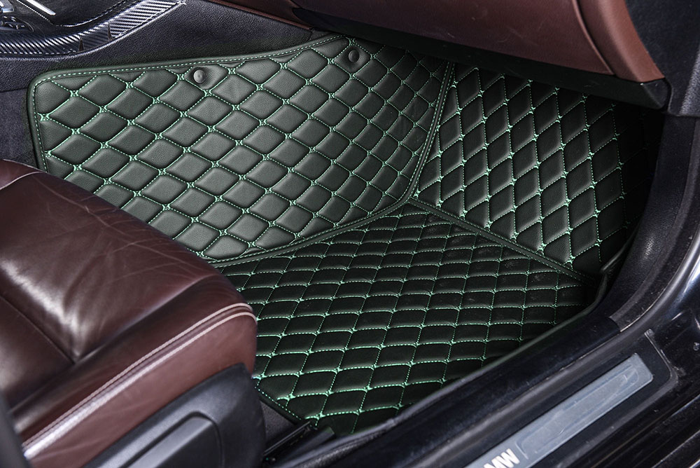Black and Green Stitching Luxury Leather Diamonds Car Floor Mats Manufacturers