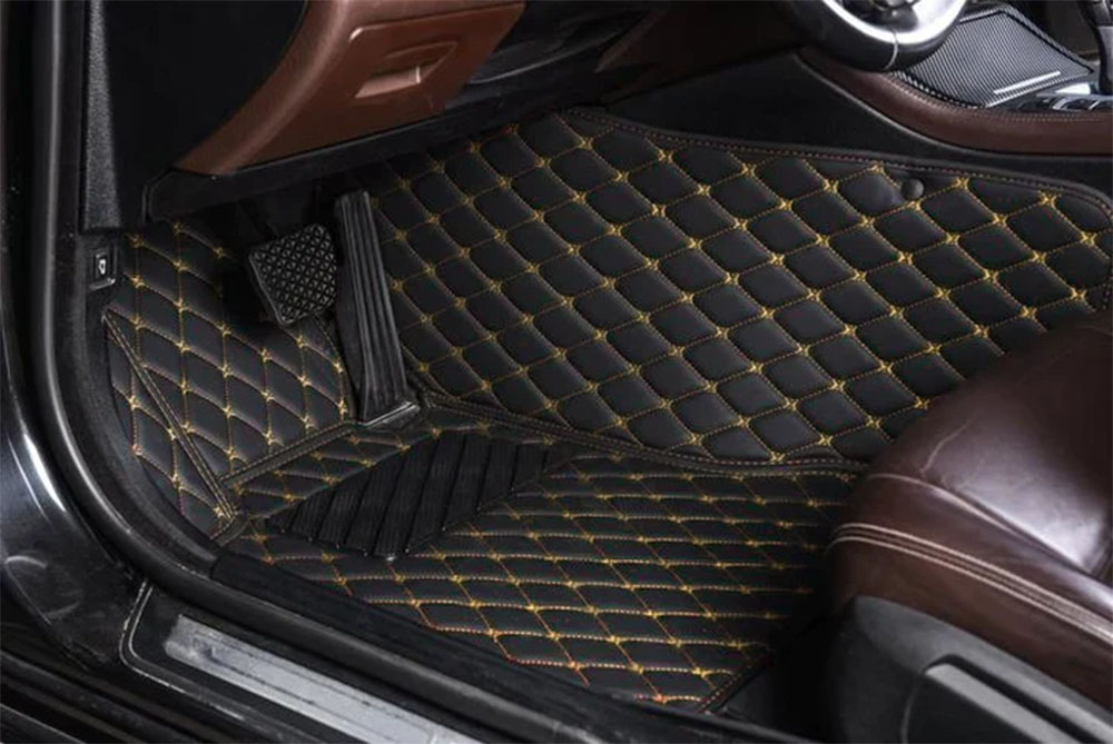 Black and Yellow Stitching Luxury Leather Diamond Car Mats Manufacturers