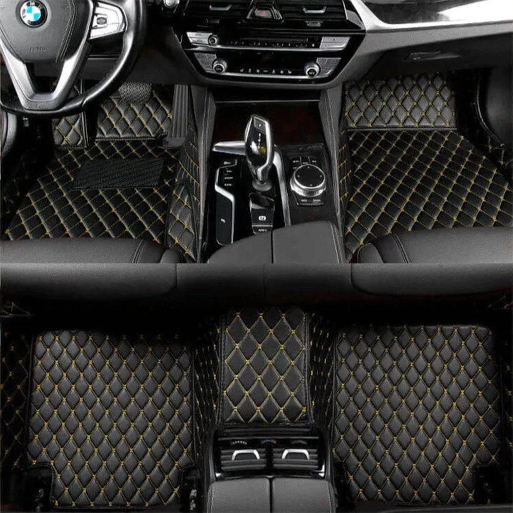 Black and Yellow Stitching Luxury Leather Diamond Car Mats Manufacturers